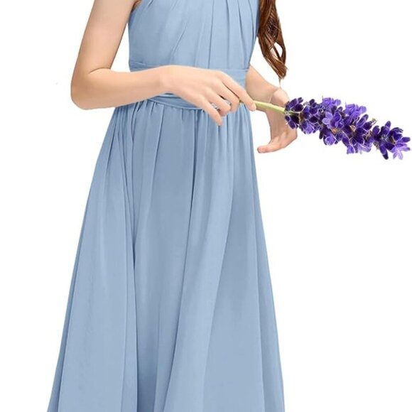 Fancy Girls Dress Bluish Gray 5-6Y Sleeveless Pleated Backless - Picture 3 of 5